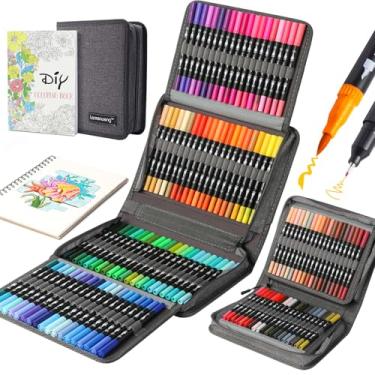 Imagem de Canetas de ponta dupla de 120 cores, marcadores de arte, marcadores de aquarela e marcadores com bolsa de lona para livros de colorir adultos, desenho, esboço, caligrafia de diário de balas