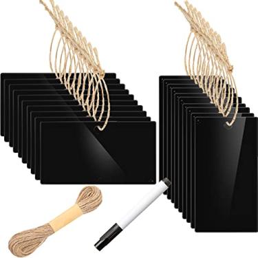 Imagem de 20 etiquetas de acrílico para cesta em branco, organizador de acrílico, etiquetas para pendurar, placa de cozinha, despensa, etiquetas de cesta com barbante natural e marcador de giz para caixas de armazenamento, cestas (preto)