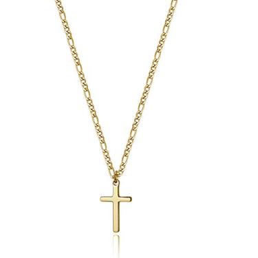 Imagem de Joxevyia Colar masculino com cruz preenchida com ouro 14K, corrente fígaro, aço inoxidável, polido, cruz, pingente simples, batismo, fé, joia presente, 18 inches, Metal, Zircônia cúbica