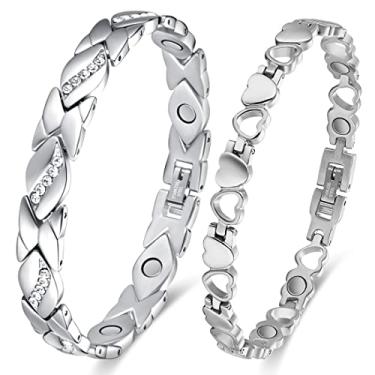 Imagem de Vicmag 2 pulseiras magnéticas de aço de titânio para mulheres, alívio de artrite e dor nas articulações com 3500 ímãs de gauss, terapia para síndrome do túnel do carpo, joias de presente, Metal, Sem pedras preciosas