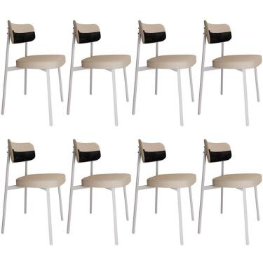 Imagem de Kit 08 Cadeiras Estofada Para Sala De Jantar Astrid Branco C01 Linho Areia Courino Preto - Lyam Decor