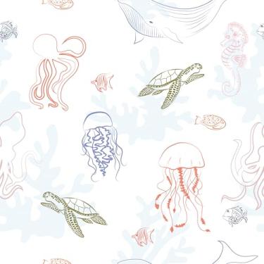 Imagem de Mangoloo Papel de parede de água-viva para berçário banheiro oceano algas marinhas tartaruga marinha mural autoadesivo removível branco contato papel de parede para armários crianças água-viva papel