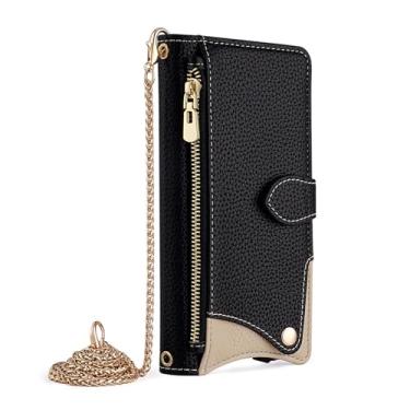 Imagem de LYJSMGZ Capa de couro transversal para iPhone 16E, corrente de metal longa elegante carteira flip fólio capa de telefone TPU macio à prova de choque capa interna, preta, 16E