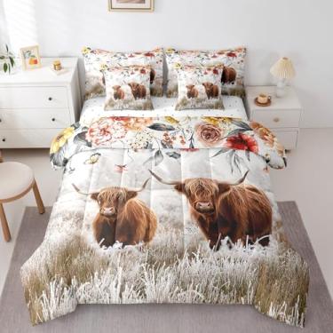 Imagem de Homewish Conjunto de edredom infantil Highland Cattle Queen com 7 peças, rústica, vaca do oeste, reversível, com edredom, lençol e fronha