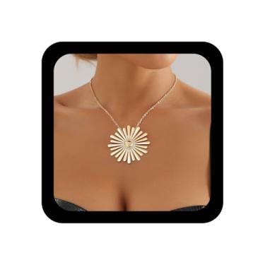 Imagem de Ximdble Colar vintage de metal com pingente de girassol, colar de gargantilha de ouro exagerado, colar de corrente de flor, colar de flor de sol e flor floral, joia feminina