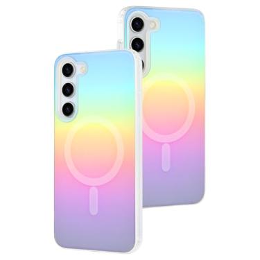 Imagem de AIGOMARA Capa magnética para Samsung Galaxy S23 [compatível com Magsafe] [fluorescente holográfico iridescente] Capa protetora fina à prova de choque fosca para mulheres e meninas 6,1 polegadas