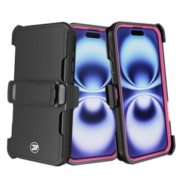 Imagem de Wireless PROTECH Capa compatível com Apple iPhone 16 Plus (tamanho da tela de 6,7 polegadas), coldre com clipe de cinto resistente com camada tripla de TPU e capa lisa de policarbonato (preto/rosa)