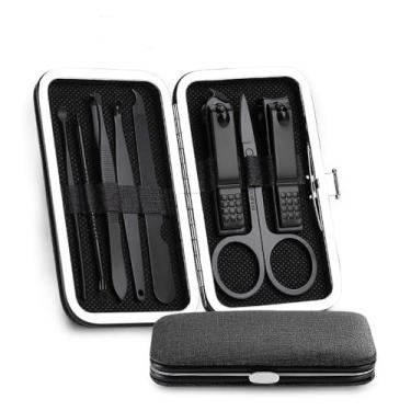 Imagem de Kit de higiene para manicure 8 em 1 para viagem - Ferramentas para unhas em aço inoxidável com estojo | Conjunto compacto para aparar, lixar e cuidar de cutículas, preto