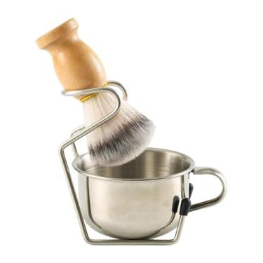 Imagem de harayaa Saboneteira para Escova de Barba Masculina com Suporte de aço Inoxidável, Design Ergonômico Resistente para Viagem, Kit 3 em 1 com Cabo de Madeira, Estilo B