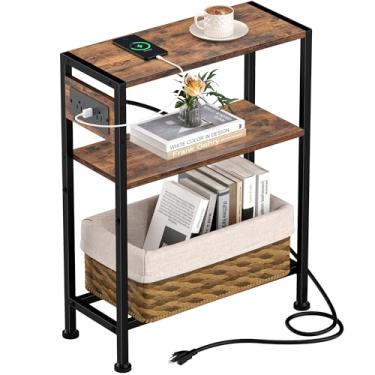 Imagem de Mesa lateral pequena e estreita com estação de carregamento, mesa de canto fina para espaços pequenos, mesa de cabeceira fina com tomadas, mesa de cabeceira de sofá na sala de estar, quarto