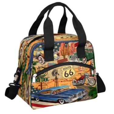 Imagem de TKBXAEG Route 66 Lancheira térmica vintage de carros para mulheres e homens, reutilizável, impermeável, lancheira, bolsa térmica, bolsa de refeição portátil de um ombro, lancheira portátil para