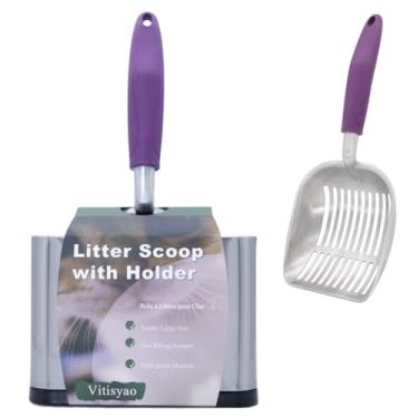 Imagem de Vitisyao Colher de areia de metal para gatos com suporte, suporte de concha de aço inoxidável resistente, peneira de velocidade de alumínio com orifício de peneiração diagonal