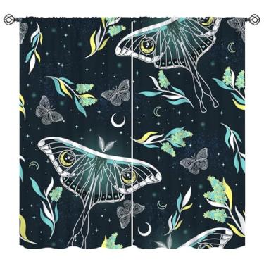 Imagem de Cortinas blackout de mariposa da lua, folhas de borboletas boho, tratamentos de janela de fundo mágico, cortinas de isolamento térmico retrô para decoração de quarto e sala de estar, verde, 106 cm L x