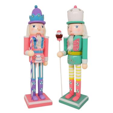 Imagem de Jogo 2 Bonecos Quebra Nozes Decorado Madeira Candy Verde e Rosa Color 30cm Boca Articulada - Master Christmas