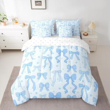 Imagem de Feelyou Conjunto de cama com laço de aquarela de 7 peças, para meninas, linda cama com laço azul em uma bolsa, conjunto de cama de solteiro, inclui edredom, conjunto de lençóis, fronhas e fronhas,