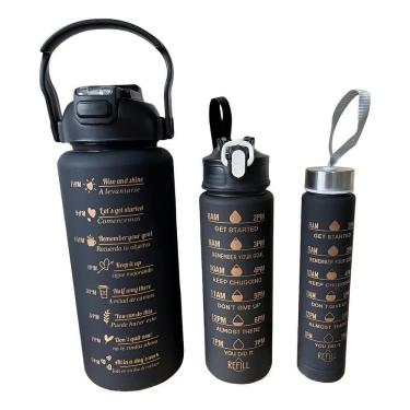 Imagem de 2X Kit 3 Garrafas Água Squeeze Fumê Academia Adesivos Canudo