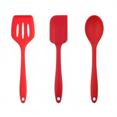 Imagem de Kit de Utensílios de Cozinha em Silicone 3 Peças Colher Espátula e Espátula Vazada Vermelho Premiun