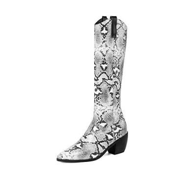 Imagem de Bigfanshu Bota feminina de cano curto com salto alto e grosso, tamanho grande, bota alta pontiaguda, Branco, 35 M EU