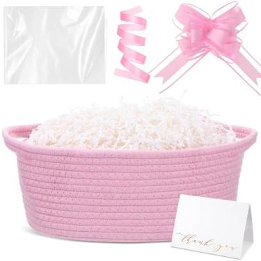 Imagem de Colingmill Cesta de tecido com sacos de presente e 2 fitas, enchimento de papel de grama ráfia, cartão de presente, cesta de corda pequena vazia para armazenamento e organizador de brinquedos (rosa)