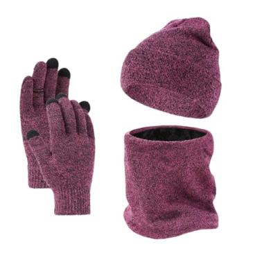 Imagem de Conjunto de luvas masculinas de inverno com chapéu e cachecol, gorro de malha, gorro de lã, aquecedor de pescoço, cachecol touchscreen, conjunto de luvas Mei-vermelho