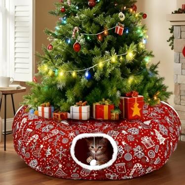 Imagem de SilTriangle Túnel de gato para árvore de Natal para gatos com gola de floco de neve caverna para gatos pequenos e médios sob árvores de Natal decoração de presente (caixa de presente)