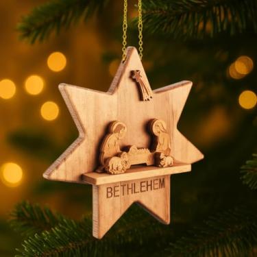 Imagem de Chunful Ornamento de Natal Presépio de Oliveira Conjunto de Presépio com Estatuetas Estrela de Belém Natal 15 cm Ornamento Cristão de Madeira Pendurado O Nascimento de Jesus História Decoração