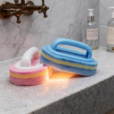 Imagem de Esponja de limpeza de cabo multifuncional, escova de limpeza profunda dupla face para banheiro, pia de cozinha e azulejos, durável e fácil de segurar (rosa)