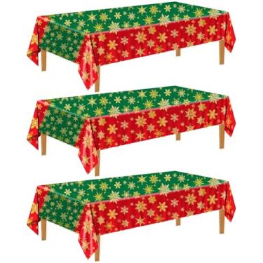 Imagem de Stcomart Toalha de mesa de plástico de floco de neve de Natal, toalha de mesa de Natal de 137 x 272 cm descartável para mesas retangulares, vermelho e verde (pacote com 3)