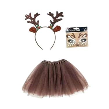 Imagem de Vaveren Fantasia de Rena de Natal com Tiara de Rena, Saia Tutu e Adesivo para Apresentação, com Flor Verde