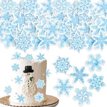 Imagem de Ephlyn 48Pcs Edible Snowflake Cupcake Toppers Wafer Paper Snowflake Cake Topper Picks for Winter Merry Christmas Baby Shower Kids Birthday Party Supplies Blue
