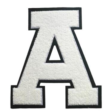 Imagem de 1 Patch de letra de chenille de ferro branco de 16,5 cm com borda preta – Remendos do alfabeto para roupas, jaquetas, mochilas, chapéus para decoração personalizada, nome personalizado e artesanato