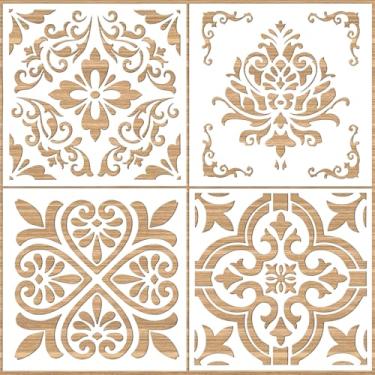 Imagem de 4 peças de estêncil de azulejo reutilizáveis, 30,5 x 30,5 cm, grandes estênceis de damasco para paredes, desenho de borda de canto, modelos de padrão de textura para álbuns de recortes DIY e decoração