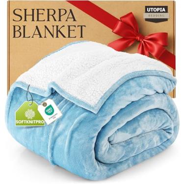 Imagem de Utopia Bedding Cobertor sherpa California King Size (azul lavado, 260 x 236 cm) - Cobertor reversível de lã de pelúcia macia para cama, sofá, acampamento e viagens