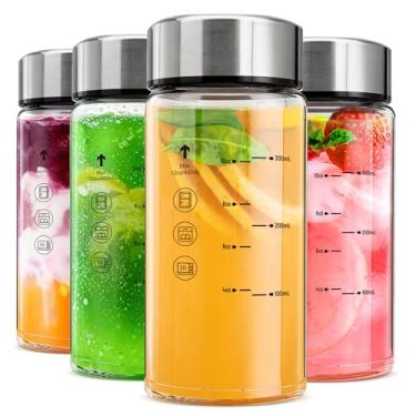 Imagem de Yirilan Pacote com 4 garrafas de suco de 350 ml, garrafas de vidro reutilizáveis com tampas, tampas de aço inoxidável, garrafa de água para sucos, vitaminas, água, à prova de vazamento, livre de BPA