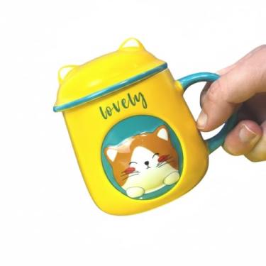 Imagem de Caneca Porcelana 3D com Tampa e Colher Gatinho Amarela