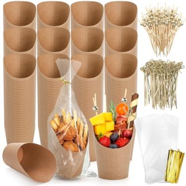 Imagem de Lawei Pacote com 100 copos de papel kraft para batatas fritas, suporte descartável de 400 ml, recipientes de pipoca de waffle para festa de casamento, aniversário, chá de bebê