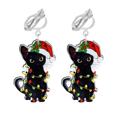 Imagem de Dreuyet Brincos de clipe de Natal para mulheres, não perfurados, gato preto, árvore de bolo de Natal, guaxinim, brincos de clipe de acrílico, joias de Natal, Middle, Acrílico, Sem pedra preciosa