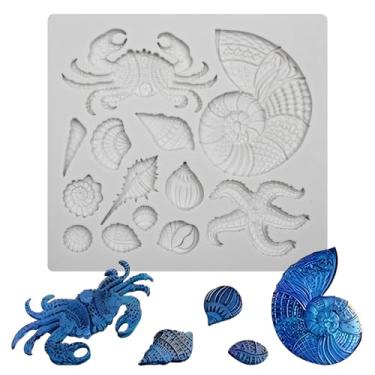 Imagem de Molde de silicone da vida marinha, molde de fondant de criaturas marinhas com designs de cavalo-marinho de concha de caranguejo, ferramenta de decoração de bolo de 18,8 x 17 cm