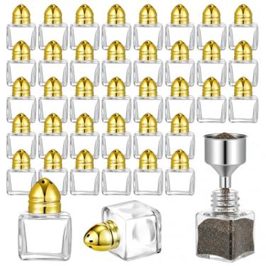 Imagem de IANFAN 50 minisaleiros e pimenteiros a granel, coqueteleira de especiarias em forma de cubo de vidro pequeno de 14,2 g com funil, mini potes de tempero de vidro com tampa de aço inoxidável para festa