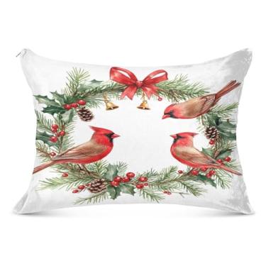 Imagem de Capa de travesseiro de Natal com estampa de pássaros vermelhos tamanho Queen 50 x 76 cm macia com zíper resistente a desbotamento e manchas