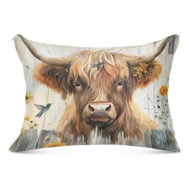 Imagem de Fronhas decorativas de flanela de girassol de vaca Highland rústica padrão queen king size fronhas modernas para sofá de cama de casa, tamanho Queen, 50,8 cm x 76,2 cm