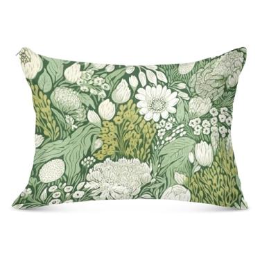 Imagem de Fronhas de flanela floral branca e verde com zíper King Queen capa de travesseiro tamanho padrão linda grande fronha tamanho Queen, 50,8 cm x 76,2 cm