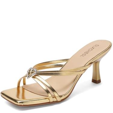 Imagem de SLXCHBSL Sandálias femininas de salto gatinho quadradas, bico aberto, salto baixo, sandálias de salto baixo para vestido casual, festa, casamento, confortável, verão, Dourado, 36