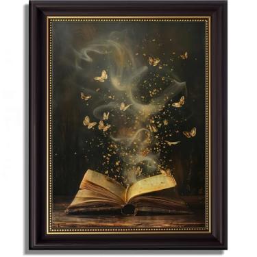 Imagem de Arte de parede em tela vintage Moody Victorian Bookish Canvas Gold Magic Book Butterflies Painting Prints Vintage Reading Nook Butterfly Aesthetic Posters Pictures Dark Academia Library Wall Decor