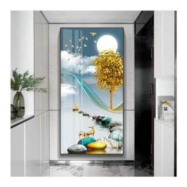 Imagem de 1 peça de arte de parede em tela de árvore dourada e animais cervos pôsteres e impressões imagens de parede para sala de estar decoração de casa nórdica - (55 x 110 cm) moldura interna de 22 x 43