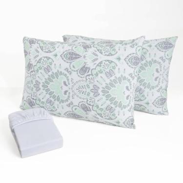 Imagem de Jogo de Cama Queen 3 Peças Malha 100% Algodão Lençol com Elástico Fronhas Estampadas Toque Macio(Papiro branco)