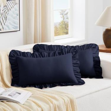 Imagem de KKJIAF Conjunto de 2 capas de almofada lombar azul marinho 30,5 x 50,8 cm, fronhas de microfibra com babados, fronhas europeias com babados, fronhas de almofada lombar para sofá-cama sala de estar