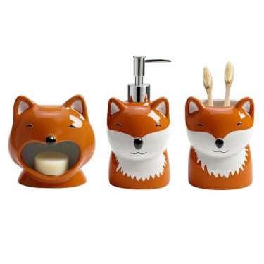 Imagem de Bicuzat Dispensador de sabão de raposa de cerâmica e conjunto de copo para bancada de banheiro, conjunto de acessórios de banheiro de cerâmica