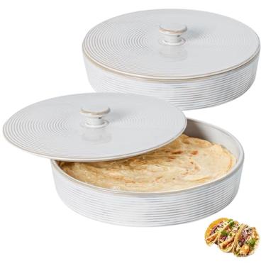 Imagem de Feenmai 2 peças de aquecedor de tortilha, suporte de tortilha de cerâmica de 23 cm com tampas, suporte de taco em relevo, seguro para micro-ondas, aquecedor de panquecas brancas para taco, pão