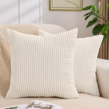 Imagem de Yosodeko Capas de almofada decorativas bege 50 x 50 cm, pacote com 2, capas de almofada de veludo cotelê macio, textura listrada, minimalista, moderna, decoração de casa para sofá, poltrona, sala de